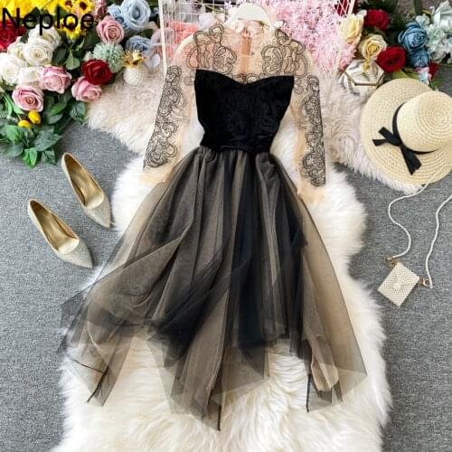 Neploe Mesh Velvet Vinatge Women Dress Spring 2021 Patchwork Elegant Female Party Dresses Embroidery Lace Ladies Vestidos 1A169