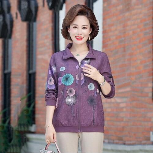 Spring Autumn Purple Green Blue Floral Jackets Middle Aged Women Turn Down Collar Zipped Cardigan Coat Mother Casual Outwear 5XL