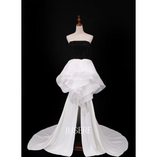 A-Line Evening Dress Strapless black and white Contrast Prom Dress with Sweep Split Train party dress