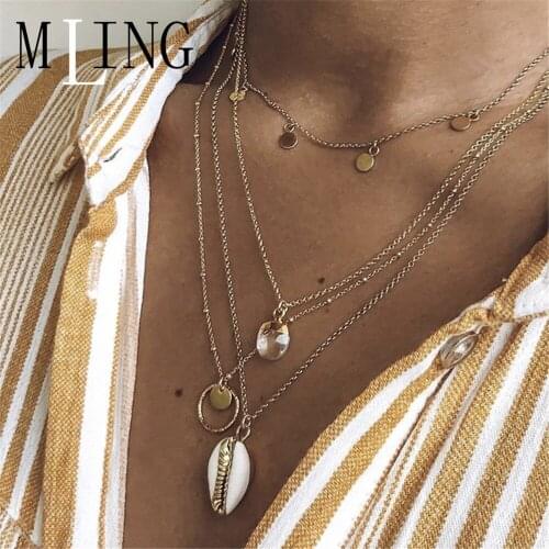 Vintage Crystal Circle Sequins Shell Pendant Necklace For Women Boho Multilayer Chokers Necklace Jewelry