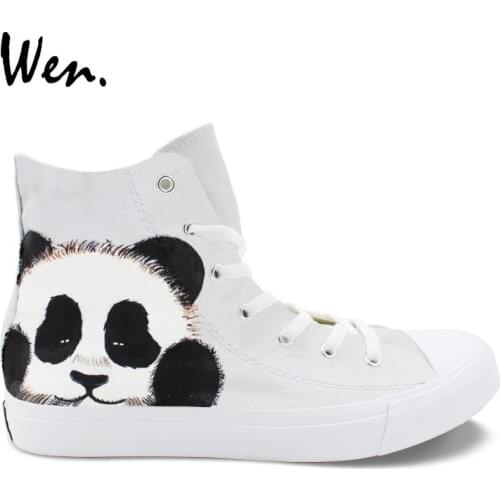 Wen Original Design Hand Painted Athletic Shoes Cute Panda High Top Grey Skateboard Sneakers Men Women Canvas Sports Shoes