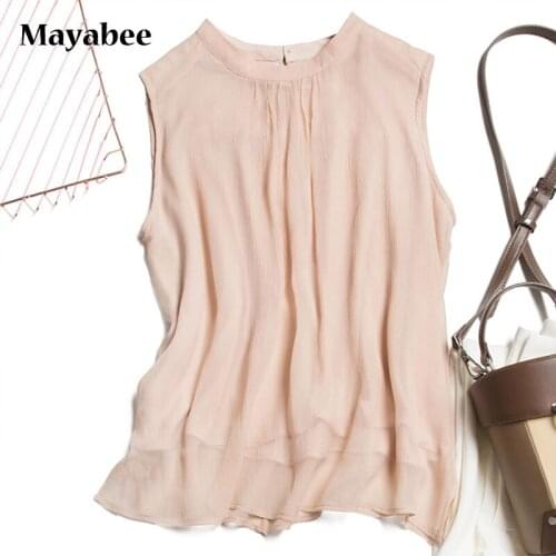 Double-Layer Mulberry Silk French Stand-Up Collar Loose And Elegant Camisole Sleeveless T-Shirt 2021 Summer New Fashion Top