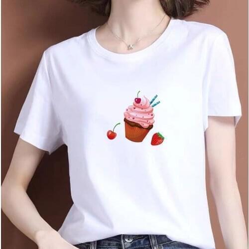 Oversized T Shirt Women Kawaii Cake Print White T-shirt Female Tops Tee Summer Short Sleeve O-Neck Tshirt Fashion Streetwear