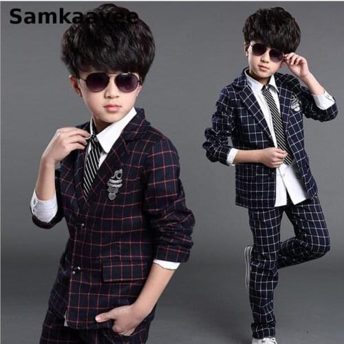 5-15y Kids Blazers Sets Spring Autumn Boys 2pcs Suits Casual Jackets Plaid Tuxedo Dress Single Breasted Childrens Clothes Y60