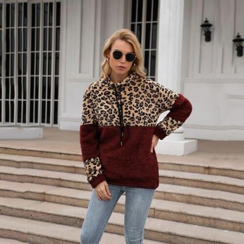Hooded women pullover fashion leopard loose casual women sweatshirt warm fleece long sleeve patchwork color tops plus size