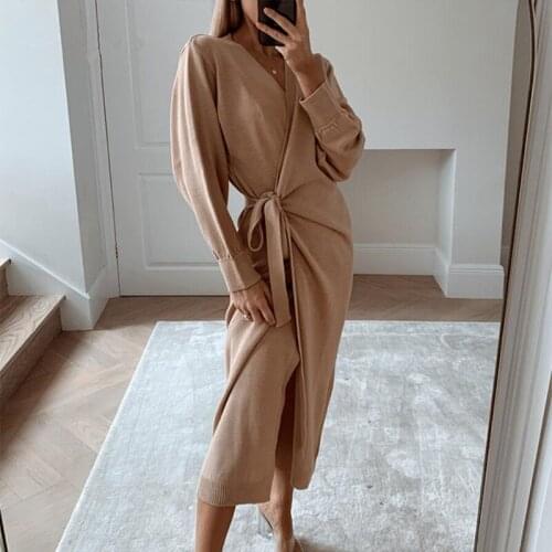 Womens Knitted Wrap Long Dress Autumn Winter Sexy V Neck Long Sleeve Lace-Up Solid Dress 2020 Ladies Fashion Elegant Vestidos