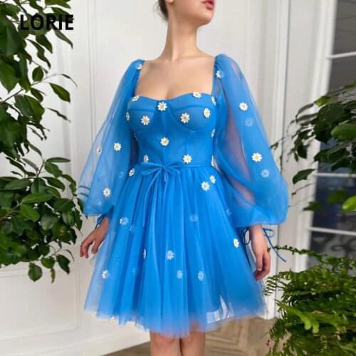 LORIE Short Prom Gowns Long Puff Sleeves Tulle A-Line Arabic Evening Dress Blue Backless Wedding Party Dress for Graduation