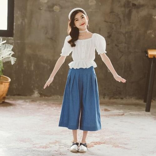 2021 Boutique Kids Clothing Set Girls Suit Teen Girl Summer Ruffle Tops Tees + Wide-Leg Pants 2 Pcs Sets for 6 8 10 12 14 16Y