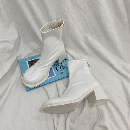 2022 Luxury Brand Women Block High Heels white Ankle Boots Female Square Toe Chelsea Boots High Quality Short Boots Zipper