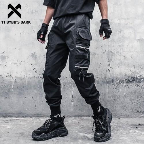 11 BYBBS DARK Hip Hop Baggy Cargo Pants Men Functional Zip Pockets Ribbons Pants Loose Trousers Streetwear Techwear Outfits