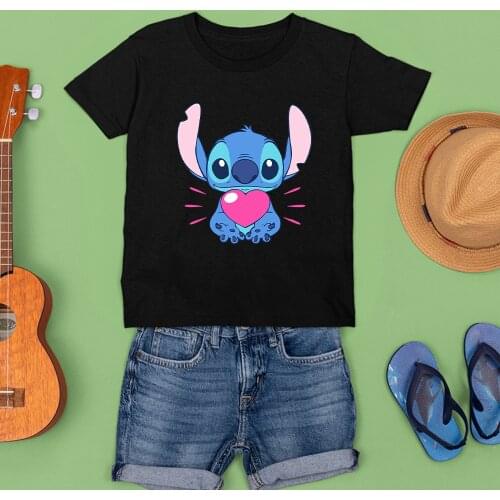 Unisex Kids Summer T-shirt Fashion Black White Tee Casual Disney New Products Tshirt Kawaii Stitch Pattern Short Sleeve Dropship