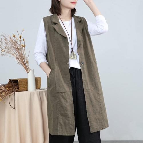Literary and Versatile Loose Slub Cotton Large Size Long Waistcoat Sleeveless Trench Coat Casual Suit Collar Vest Suit Top K269