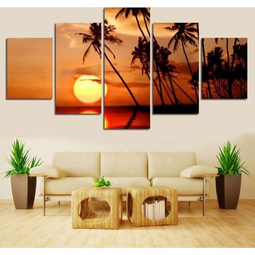 Home Decor HD Prints Pictures Canvas Paintings 5 Pieces Sunset Beach Wave Palm Trees Seascape Posters Bedroom Wall Art (No Frame