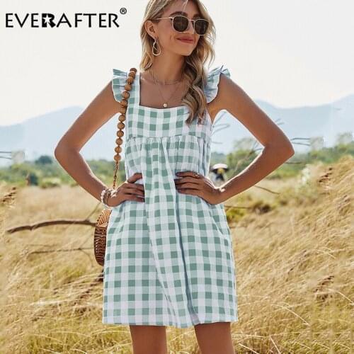 EVERAFTER Chic Plaid A-line Midi Women Dress Summer Ruffles Sleeveless Sexy Loose Holiday Casual Beach Female Green Dress 2021