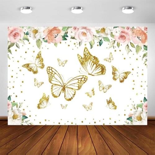Backdrops Golden Butterfly Flowers Photo Background Newborn Baby Shower Decoration Girls Birthday Party Customize Photo Studio