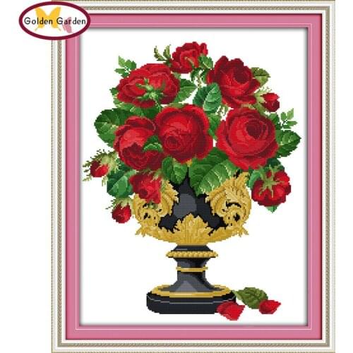 GG Rose Vase Chinese Cross Stitch Counted Cross-Stitching Kit Embroidery 11CT 14CT Cross Crafts Cross Stitch Set for Home Decor