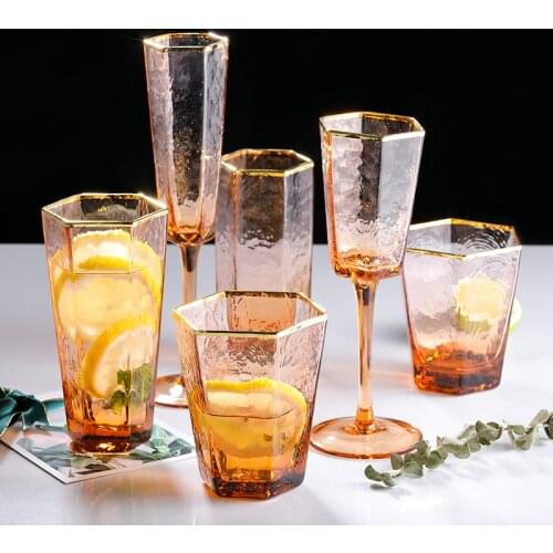 Japan Orange Color Wine Glass Creative Geometric Hexagonal Champagne Goblet Tequila Whiskey Wine Glasses Home Barware