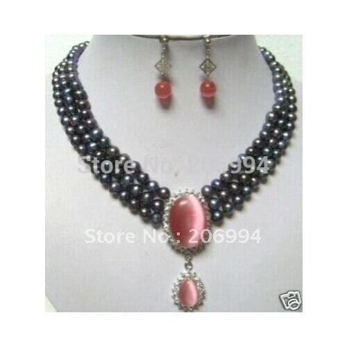 Fashion jewelry set 3ROW BLACK Freshwater cultured PEARL RED OPAL PENDANT NECKLACE EARRING