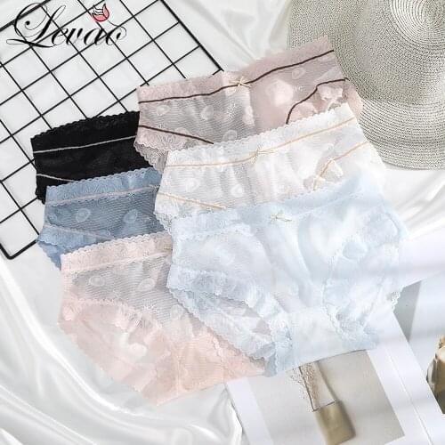 LEVAO New Womens Panties Japanese Girl Aavocado Hollow Mesh Lace Panties Feminine Light Jacquard Cotton Crotch Mid-Waist Briefs