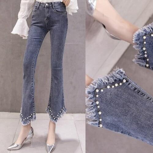 Spring Fall Fashion Korea Womens High Waisted Tassel Pearls Beading Flare Jeans Pants , Ankle Length Denim Trousers For Women