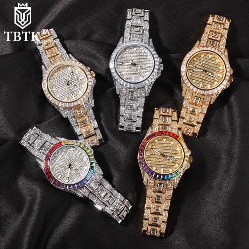 TBTK Baguette CZ Watches Rainbow Surround Full Iced Out Big Dial Watches Men Stainless Steel Fashion Luxury Rhinestones Quartz