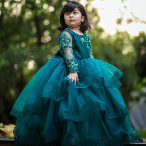 Long Sleeve Infant Girls Green Dresses Puffy Green Dresses Girls Birthday Celebrity Photography Christmas Dress Custom