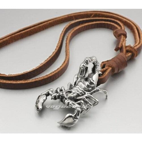 LINSION 316L Stainless Steel Scorpion Pendant Mens Biker Punk Pendant 4S024 Adjustable Leather Necklace