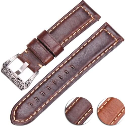 Genuine Leather Watchbands Men Women 22mm 24mm Watch Band Strap For PAM Bracelet With Stainless Steel Buckle