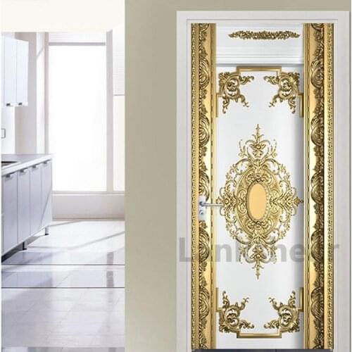Self-Adhesive Door Sticker European Style Luxury Gold Carvings Wallpaper Living Room Bedroom Poster Mural PVC Waterproof Sticker