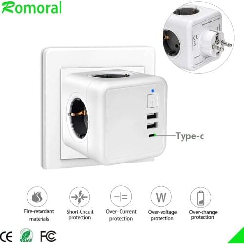 EU Plug USB Power Strip with Switch 16A Wall Outlets 250V Smart Desktop Socket Extension Adapter