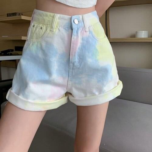 Rainbow Color Tie-Dye Womens Summer Denim Shorts High Waist Button Thin Short Wide Legs Loose Female pants Hot Sale Streetwear