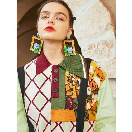 2021 Autumn Women Vintage Flower Knitted Patch Designs Shirt