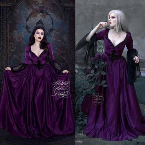 Vintage Purple Black Gothic Evening Dresses with Long Sleeve 2021 V-neck Plus Size Lace-up Corset Back Halloween Prom Gown