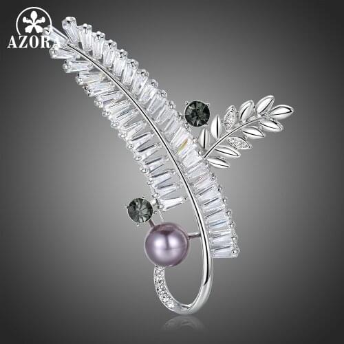 AZORA Big Clear CZ Leaf Brooch for Women Vintage Branch Fashion Pins Wedding Pearl Brooch Jewelry Lady Female Accessories TP0102