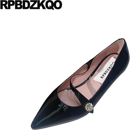 Italian genuine leather black 2019 patent pointed toe women high quality designer shoes chunky european block pumps low heels