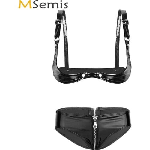 Msemis Women Wet Look Leather Underwear Set Erotic Open Shelf Bra with Zipper Booty Briefs Sexy Pole Dance Rave Bikinis Lingerie