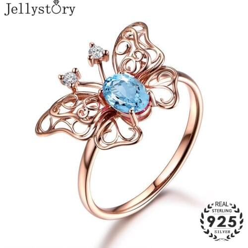 Jellystory ring with 1.25 carat oval natural topaz gemstone butterfly shape 925 sterling silver jewelry rings for female wedding