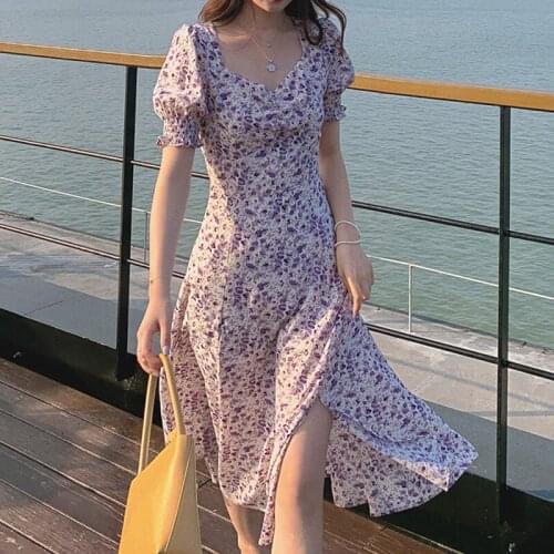 Summer Dress 2020 Women Elegant V-neck A-line Puff Sleeve Beach Vintage Chiffon Long Floral Purple Dress Party Vestidos De Mujer