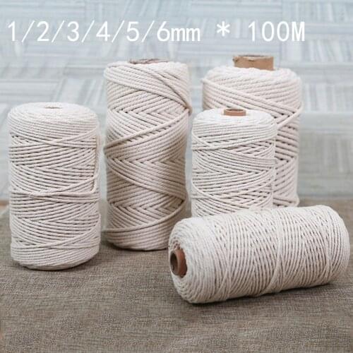 1pc 1/2/3/4/5/6mm 100M Cotton Macrame Rope Twisted String Cotton Cord Beige for Handmade DIY Home Decorative Tapestries Knitting