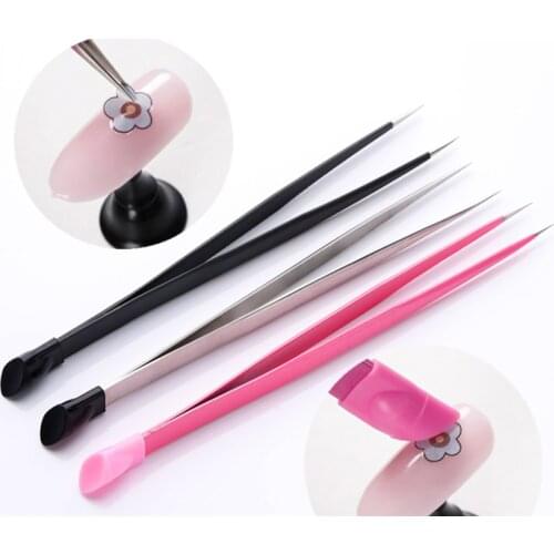 1pc 2 heads Straight Nail Tweezers with Silicone Pressing Head for 3D Sticker Rhinestones Water Sticker Picker Metal Nails Tools