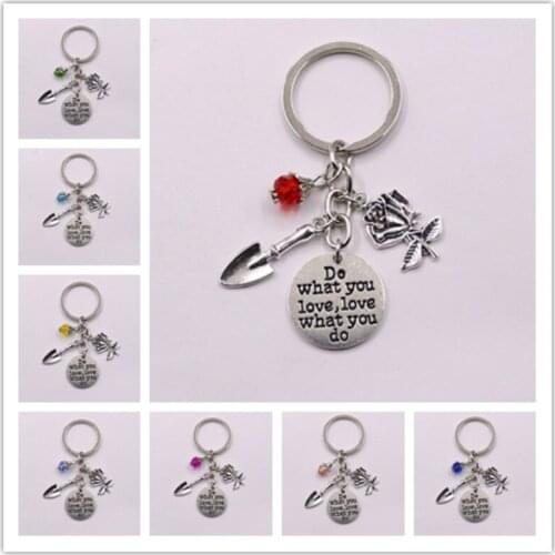 1pcs Flower And Watering Shovel Charm With Bead Garden Keychain Metal Keyring Do What You Love Women Jewlery Gifts