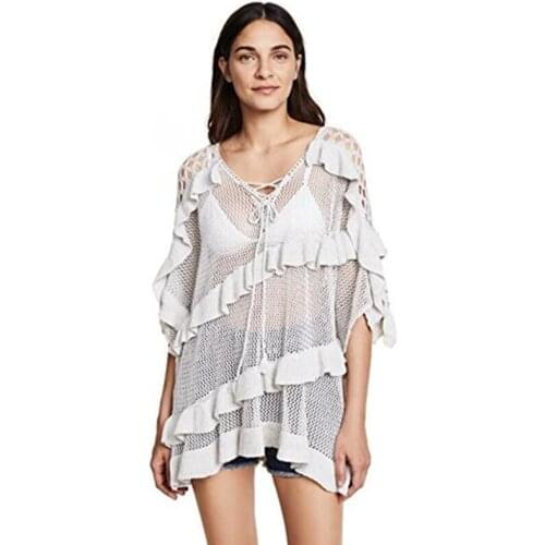 2021 Knitted Ruffles Bathing Suit Cover ups Crochet Beachwear Tunic Beach Bikini Cover up Beach Dress Robe Plage Pareo #Q439