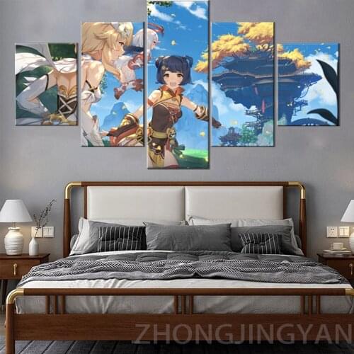 5 Panel Home Decor Modular Canvas Picture Genshin Impact Project Game Bedroom Living Room Poster Home Canvas Painting Wholesale