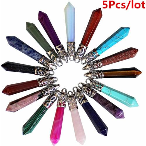 5Pcs Mixed 58mm Natural Gem Stone Crystal Hexagonal Chakra Pendant for Jewelry Making Women Necklace Accessories