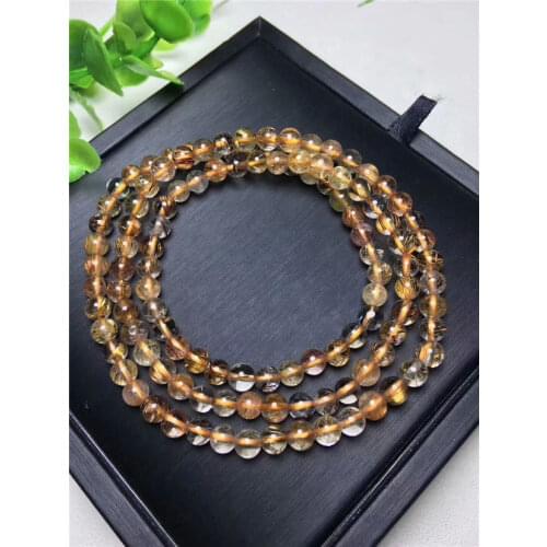 FREE SHIPPING 3rows Natural Hair Rutilated Quartz Crystal Round Beads Bracelet AAA 5-4.8mm