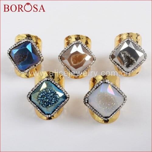 BOROSA Design Druzy 25mm Rhinestone Pave Natural Druzy Geode Rhombus Shape Gold plated Rings Rainbow Drusy Ring Gems JAB799