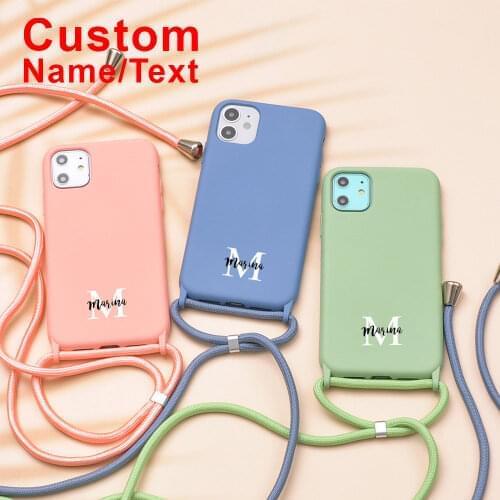 Custom Name Phone Case For iPhone 11 12 Pro 7 8 Plus X XR XS Max With Rope Soft Portable Liquid Silicone Cover Boys Girl Gift