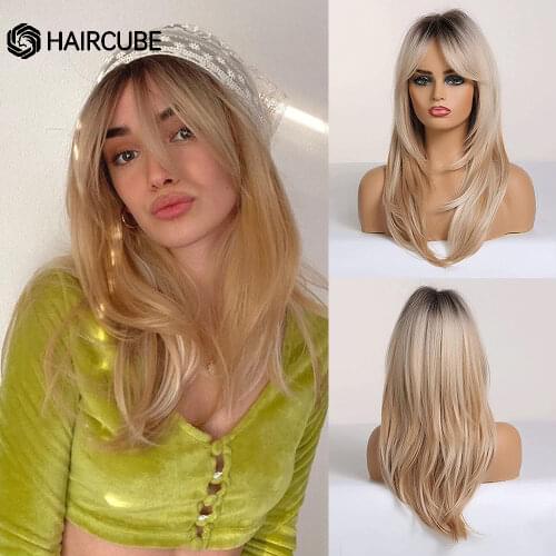 Long Wavy Layered Brown to Blonde Ombre Hair Wigs With Bangs Heat Resistant Synthetic Wigs For Women Afro Cosplay Natural Wigs