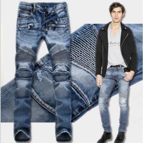 Gersri Men Casual Biker Denim Jeans Stretch Denim Pants Solid Slim Fit Jeans Male Street Skinny Pant Vintage Youth Jeans