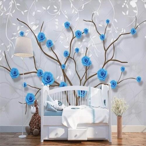 Hand-painted blue rose tree sofa TV background wall professional production mural factory wallpaper wholesale wallpaper